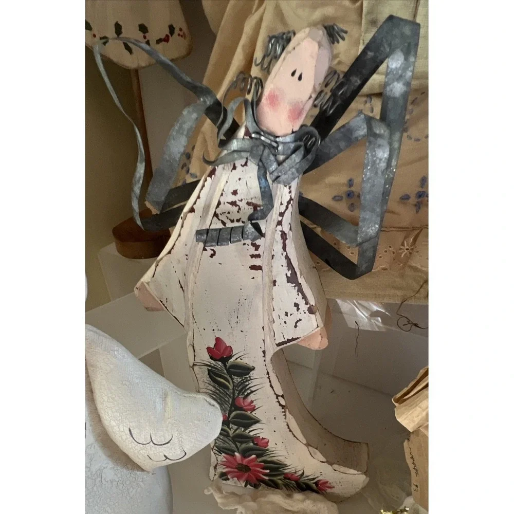 Vintage Primitive Angel Collection Lot Christmas Decor Folk Art Cloth Wood Straw
